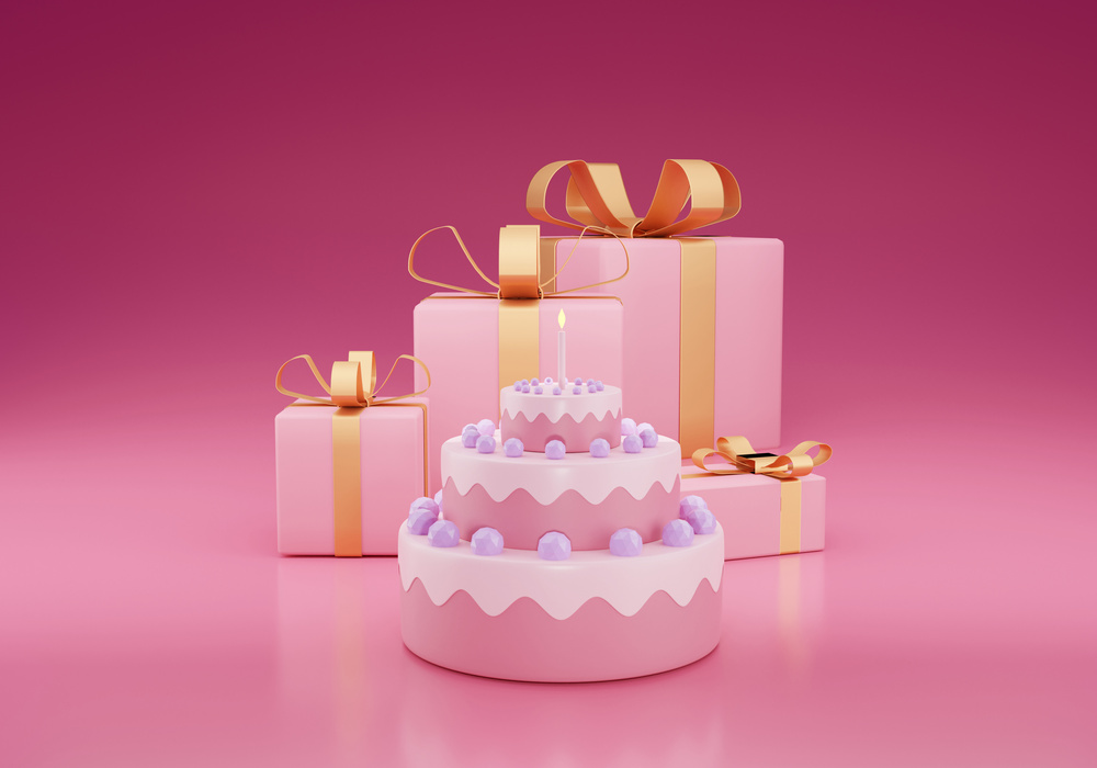3D Pink Birthday Cake with Pink Giftboxes